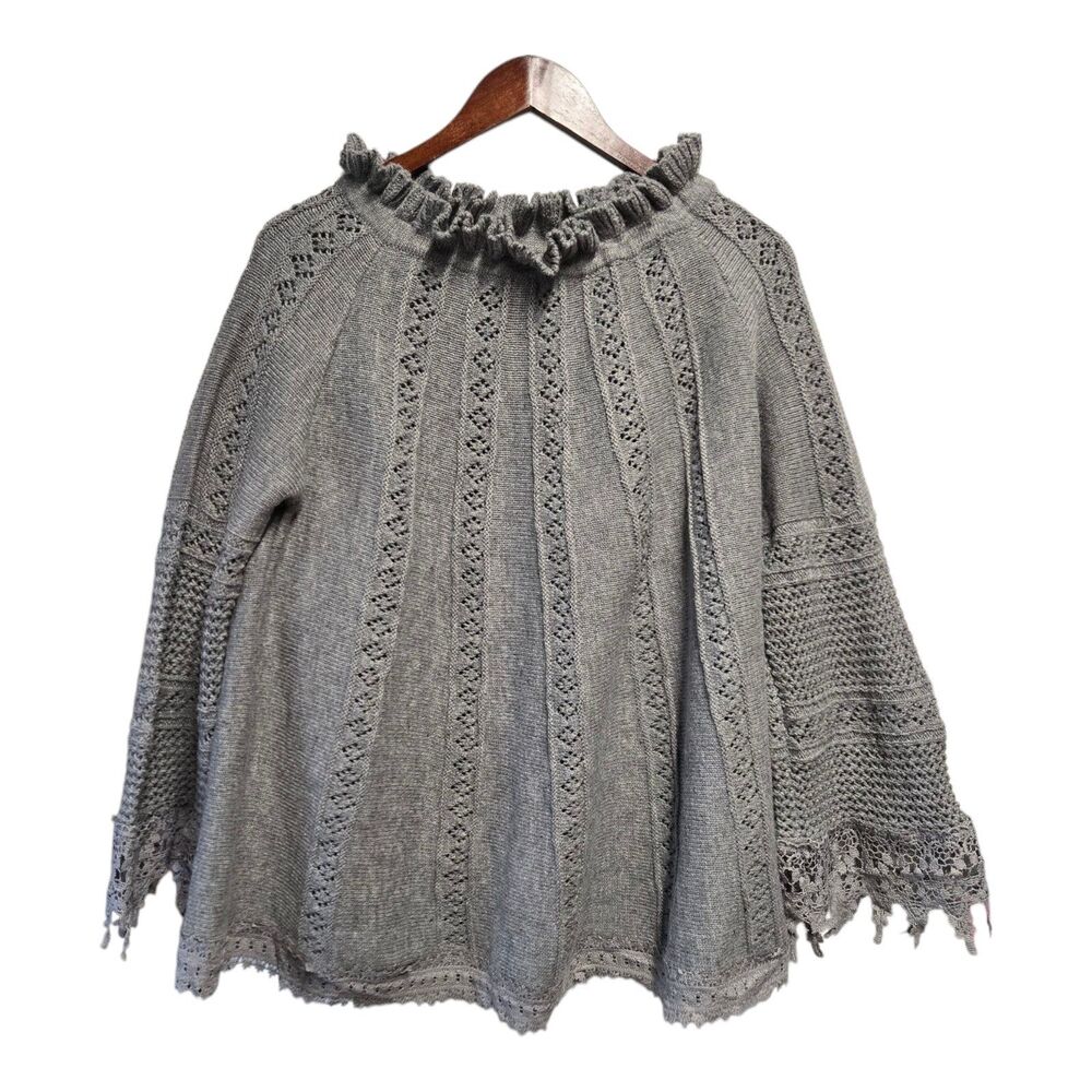 POL Sweater Wool Blend Poncho A Line  Crochet Lace Ruffle Gray SMALL Oversized‎ - Picture 4 of 4